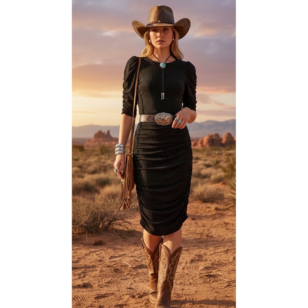 🔥Cowgirl Tough Co. 🖤 Black Ruched Bodycon 🤠Dress Western Chic Sparkle Midi -M
